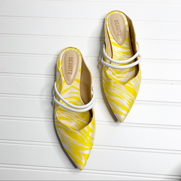 Schutz Point Toe Flats Mules Yellow Zebra - Picture 4 of 8